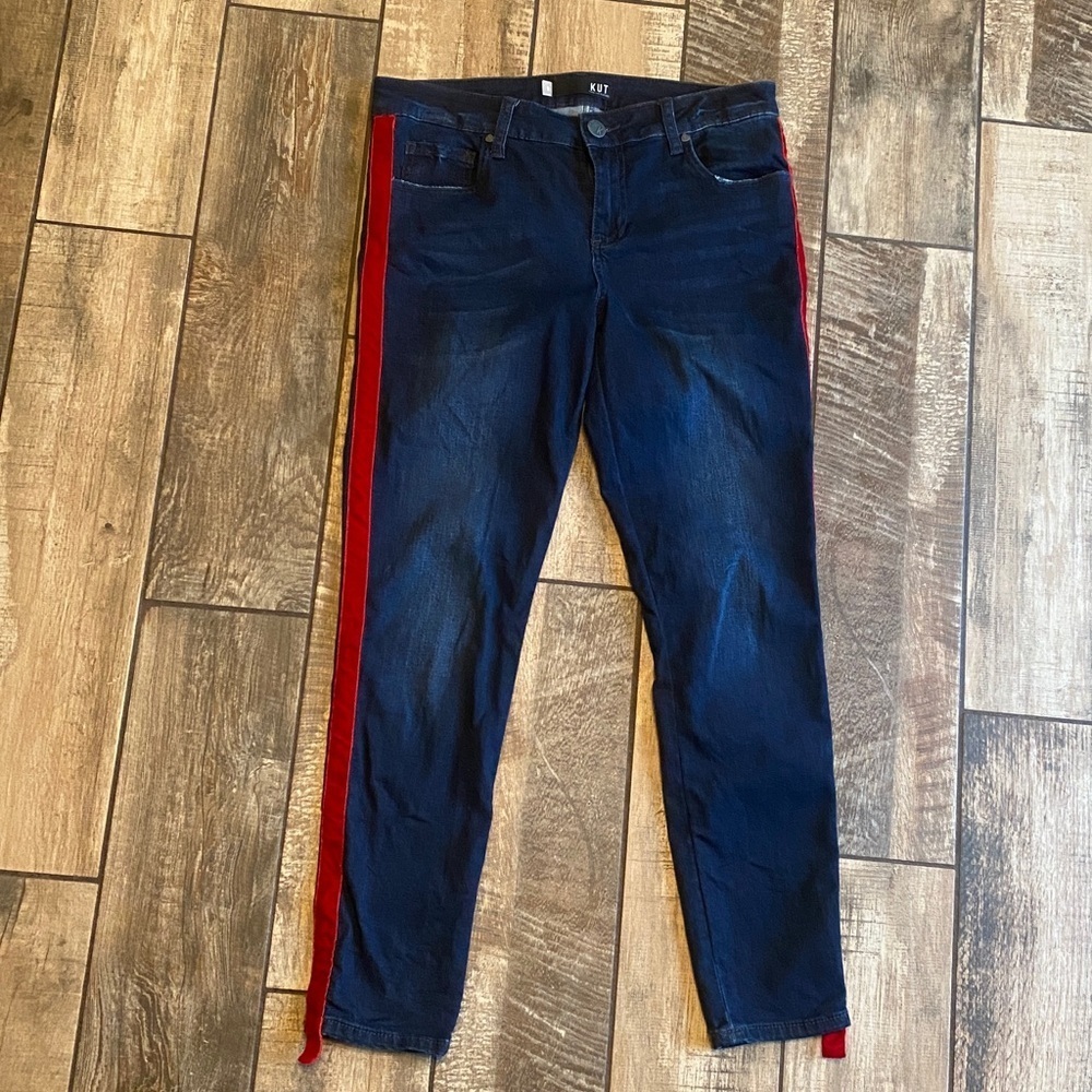 Kut from the Kloth Connie ankle skinny jeans featuring a red tuxedo stripe